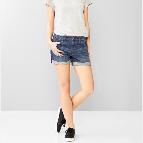 Gap 1969 Sexy Boyfriend Dark Denim Mid Rise 5”Shorts Stretch Cuffs Fleut Wash 25 - Picture 15 of 15